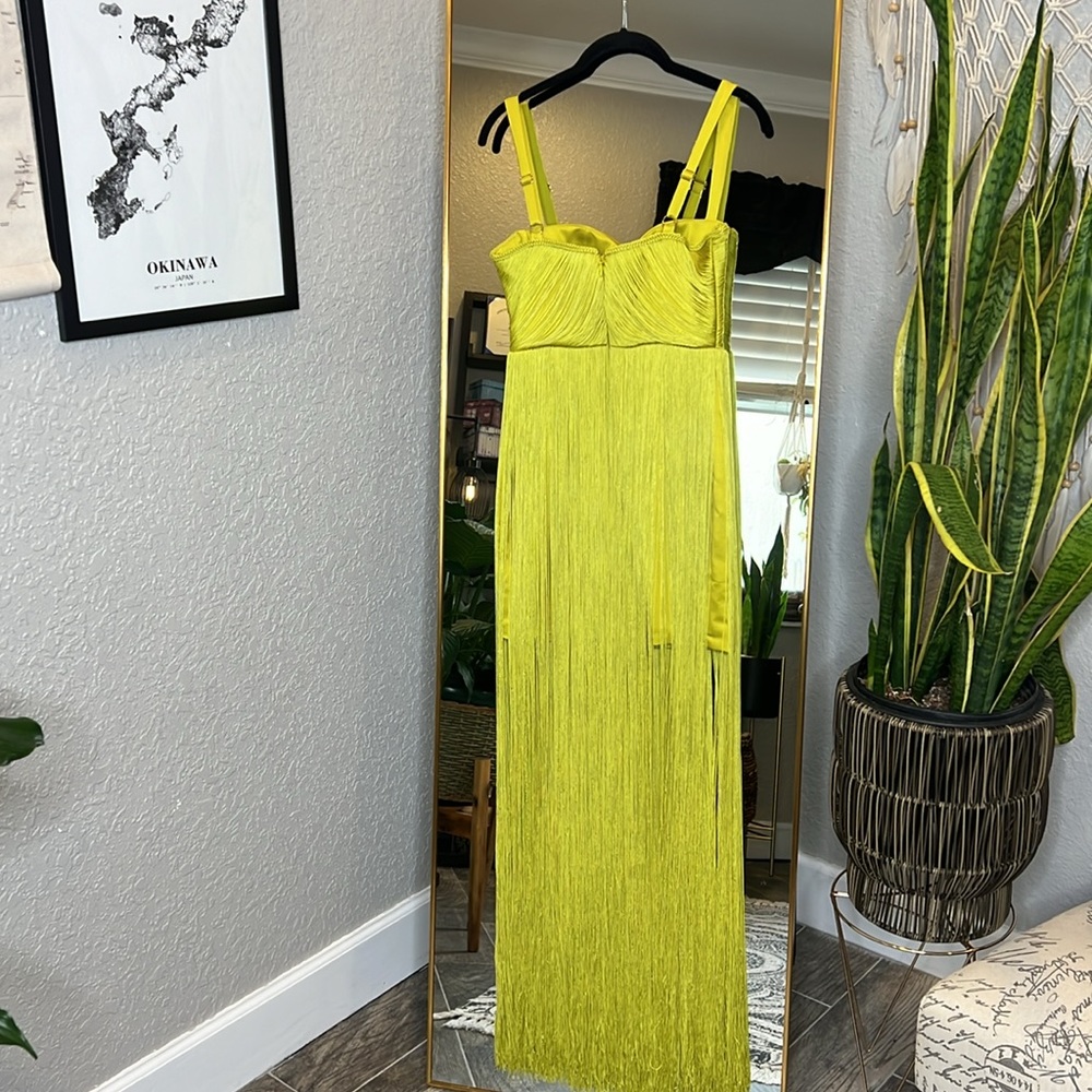 HOUSE OF CB 'Emee' Acid Yellow Satin Fringe Dress - Picture 14 of 17